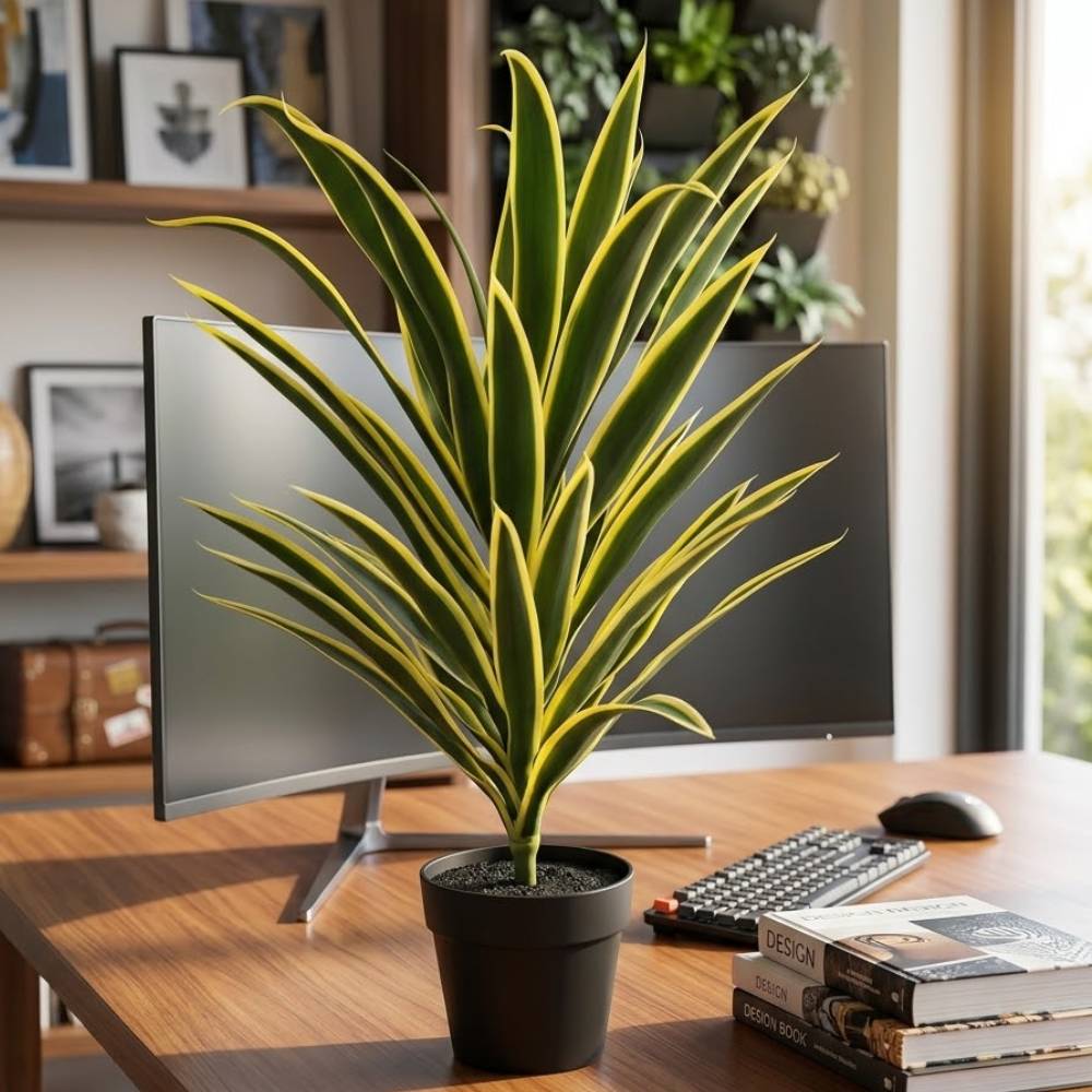 Artificial Variegated Yucca Plant Yellow-Edge Leaves with Pot (Plastic)